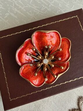 Monet Poppy Flower Orange Red Enamel Brooch, clear rhinestone, signed